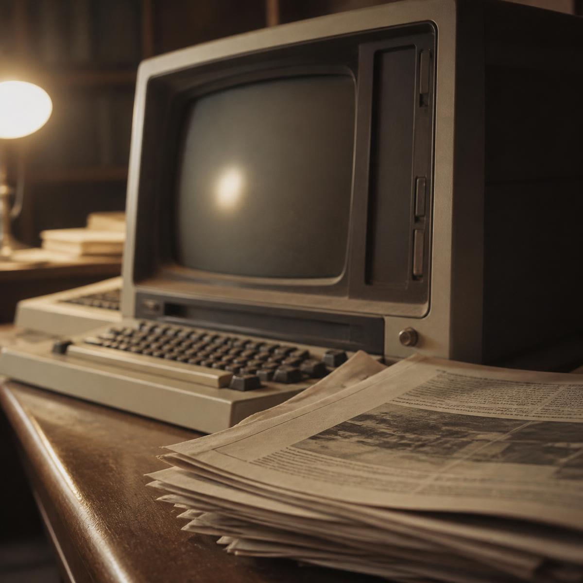 Äldre datorterminal och tidningspapper på ett skrivbord i varmt lampljus