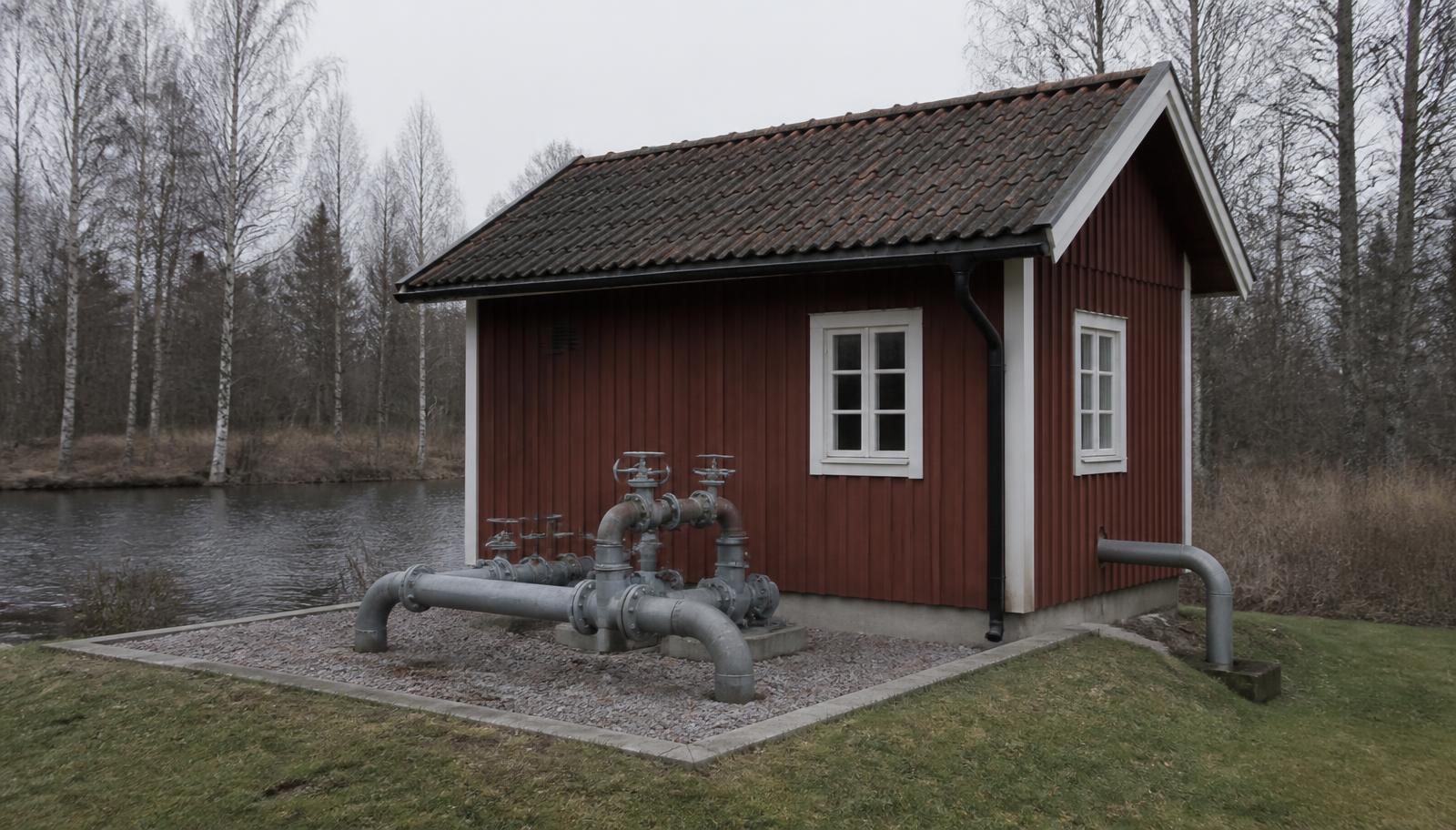 Litet rött pumphus med ventiler och rör vid en å i svensk landsbygd